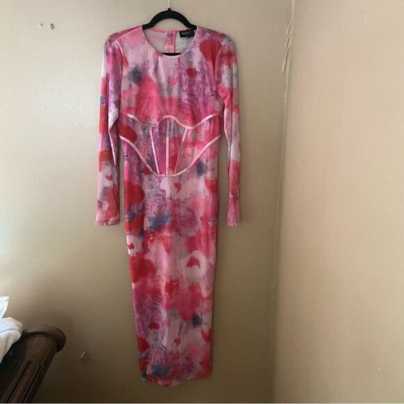 BARDOT Lena corset Mesh Midi Dress In Wildflower print bodycon Revolve XL 10 - Picture 8 of 16